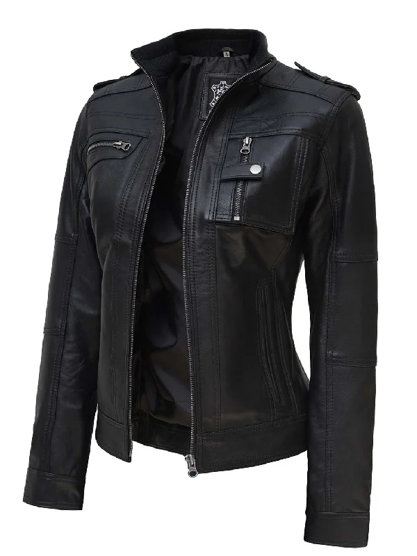 Tavares Womens Black Cafe Racer Leather Jacket