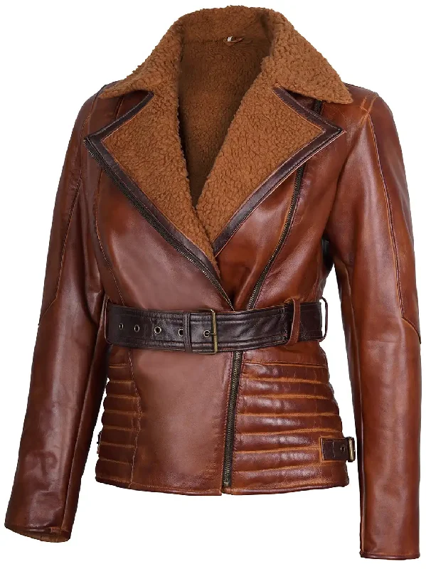 Womens Asymmetrical Real Leather Brown Sherpa Jacket