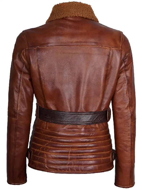 Womens Asymmetrical Real Leather Brown Sherpa Jacket