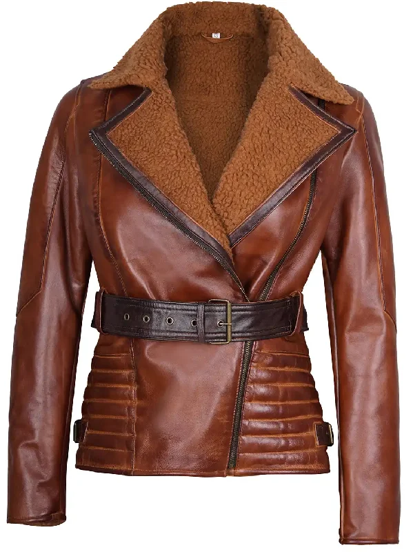 Womens Asymmetrical Real Leather Brown Sherpa Jacket