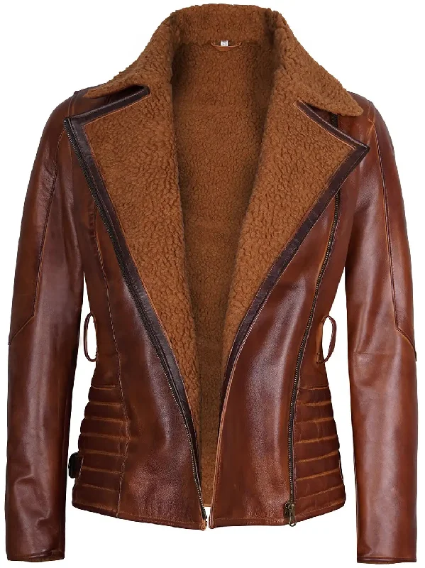 Womens Asymmetrical Real Leather Brown Sherpa Jacket