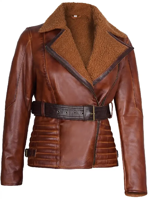 Womens Asymmetrical Real Leather Brown Sherpa Jacket