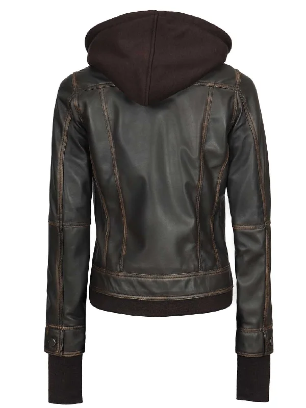 Tralee Women Dark Brown Ruboff Bomber Leather Jacket With Hood