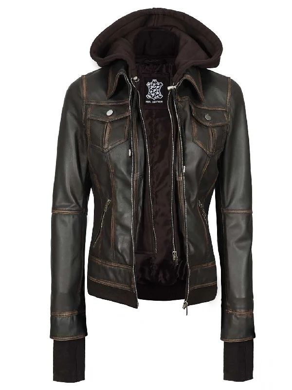 Tralee Women Dark Brown Ruboff Bomber Leather Jacket With Hood