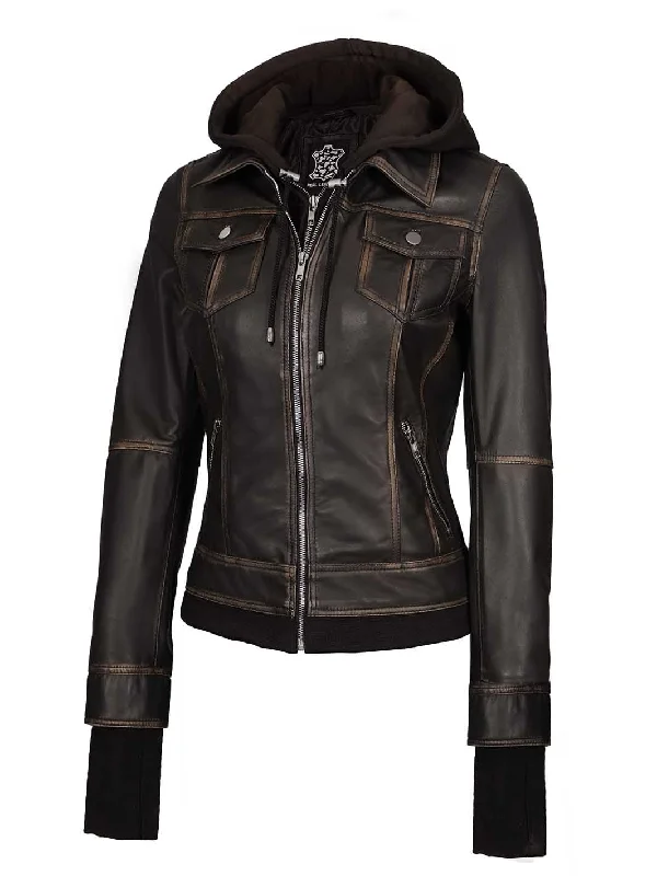 Tralee Women Dark Brown Ruboff Bomber Leather Jacket With Hood