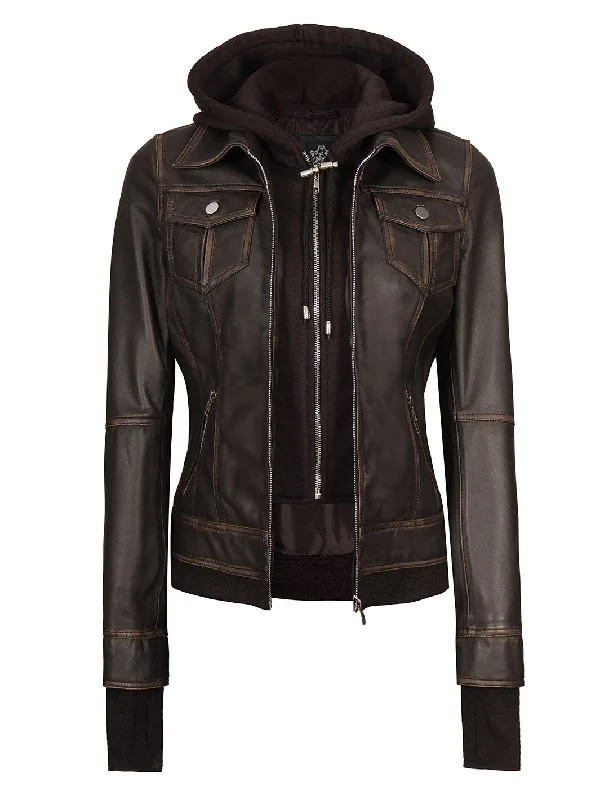 Tralee Women Dark Brown Ruboff Bomber Leather Jacket With Hood