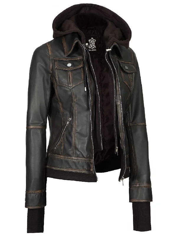 Tralee Women Dark Brown Ruboff Bomber Leather Jacket With Hood