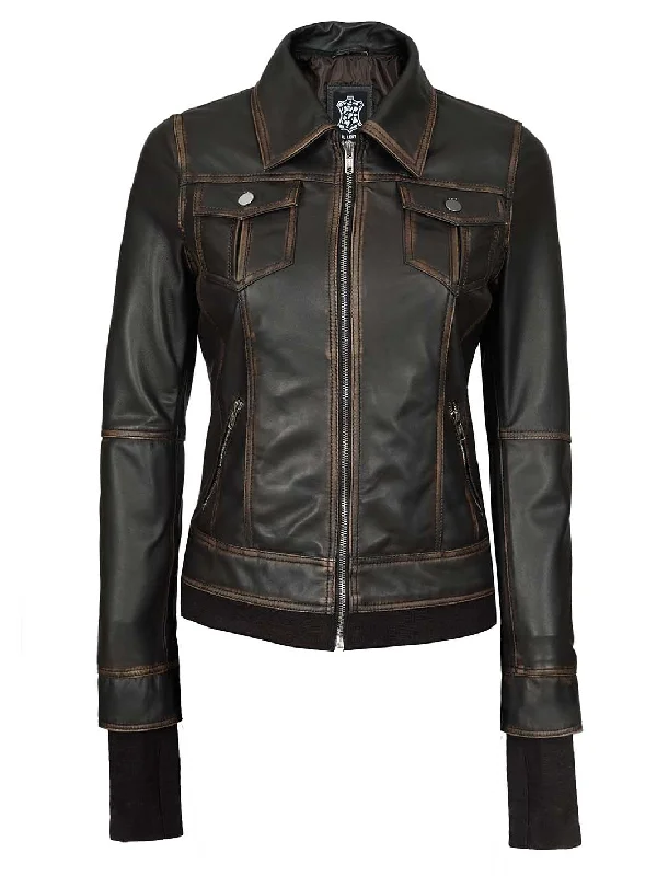 Tralee Women Dark Brown Ruboff Bomber Leather Jacket With Hood