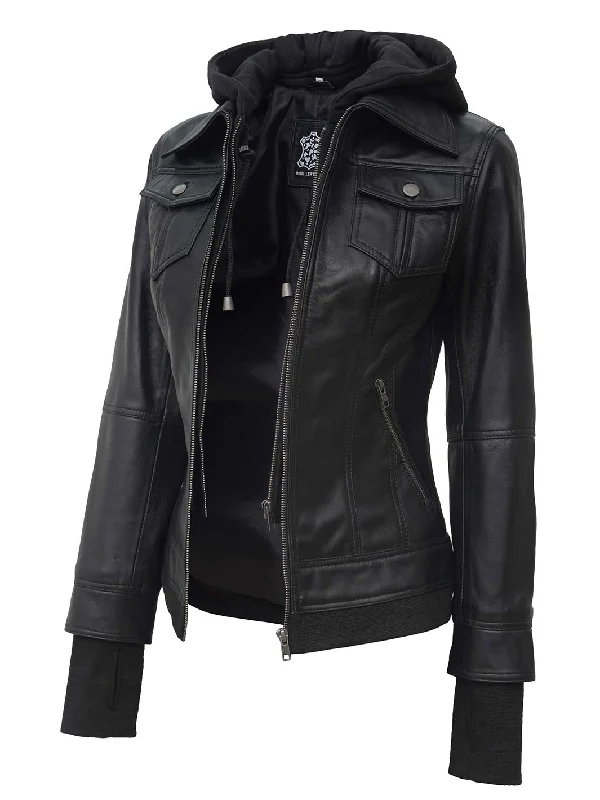 Womens Black Leather Motorcycle Jacket with Hood