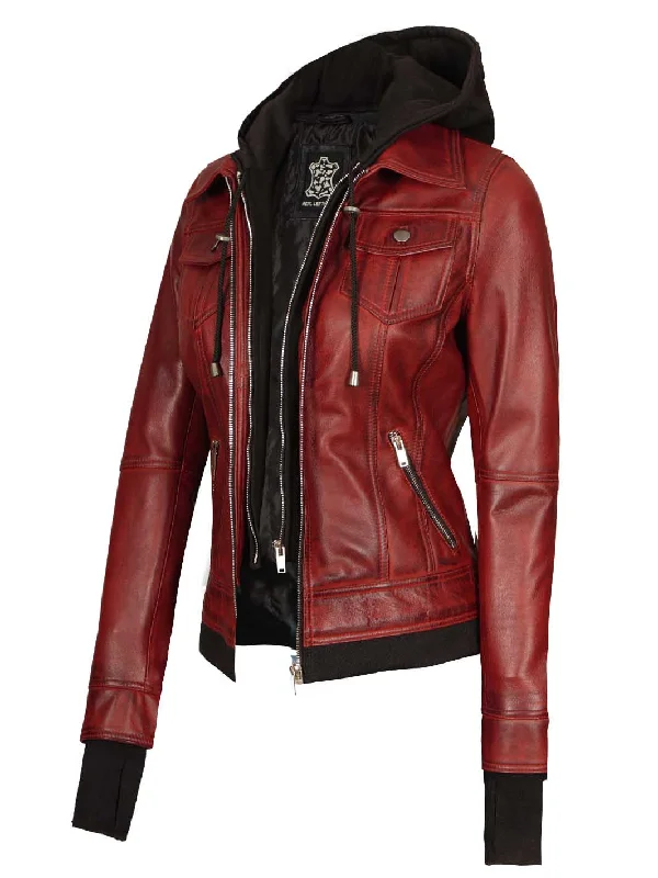 Maroon Womens Leather Bomber Jacket with Hood