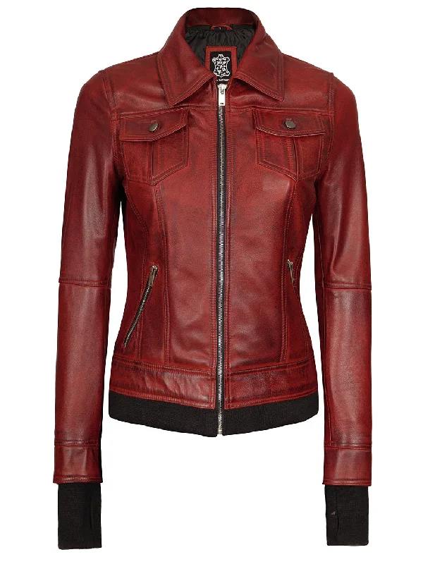 Maroon Womens Leather Bomber Jacket with Hood