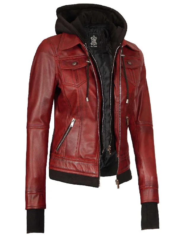 Maroon Womens Leather Bomber Jacket with Hood