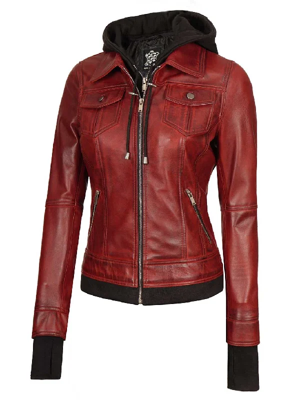 Maroon Womens Leather Bomber Jacket with Hood