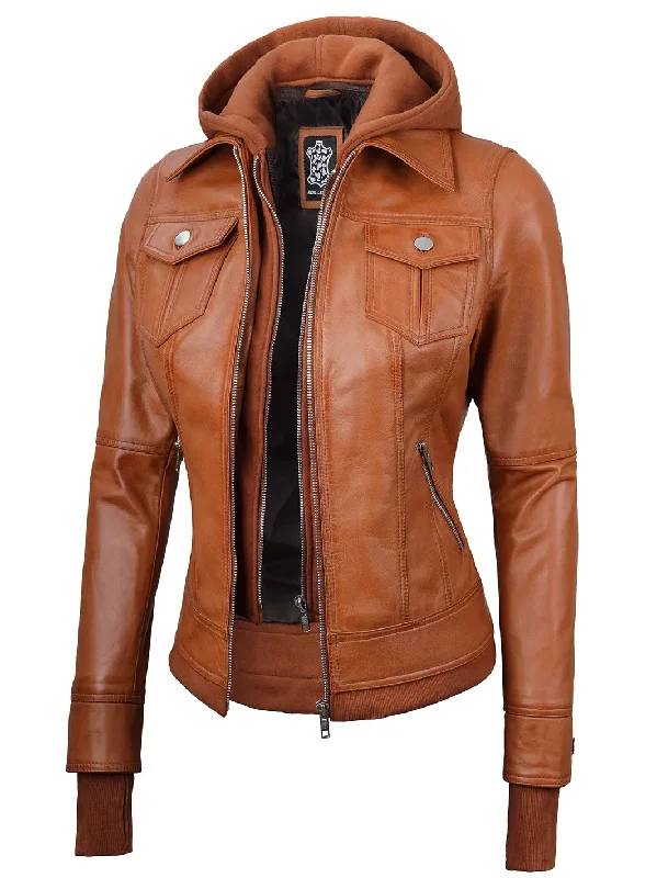 Tralee Womens Tan Wax Bomber Leather Jacket With Hood