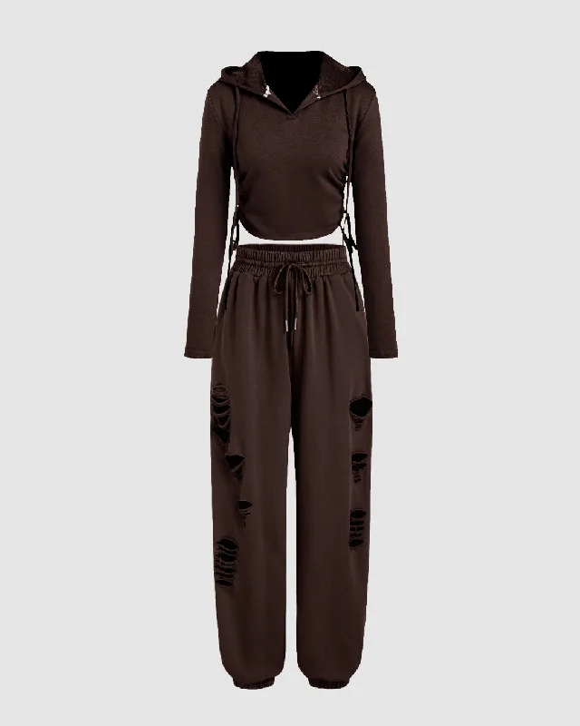 Two Piece Fall Travel Vacation Trendy Loungewear Set In Chocolate Fondae