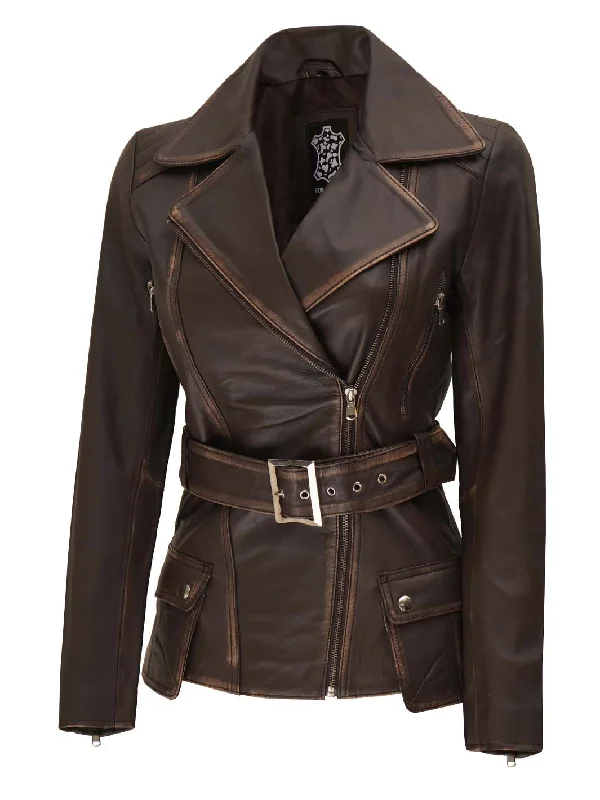 Victoria Women's Asymmetrical Distressed Brown Leather Jacket