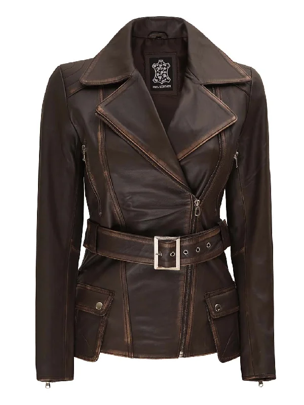 Victoria Women's Asymmetrical Distressed Brown Leather Jacket