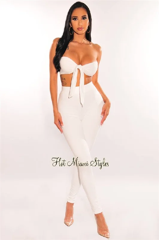 White Bandeau Tie Up High Waist Leggings Two Piece Set