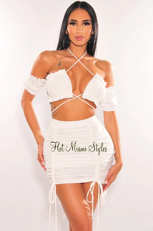 White Off Shoulder Frill Tie Up Ruched Skirt Two Piece Set