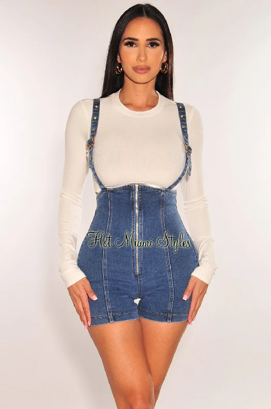 White Ribbed Long Sleeve Denim Overall Shorts + Top Two Piece Set