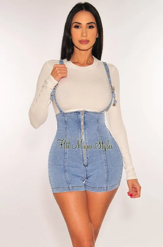 White Ribbed Long Sleeve Light Denim Overall Shorts + Top Two Piece Set