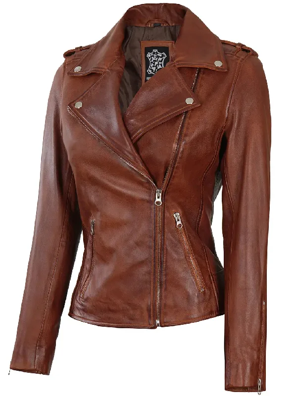 Kristan Women Asymmetrical Cognac Motorcycle Leather Jacket