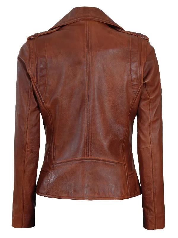 Kristan Women Asymmetrical Cognac Motorcycle Leather Jacket