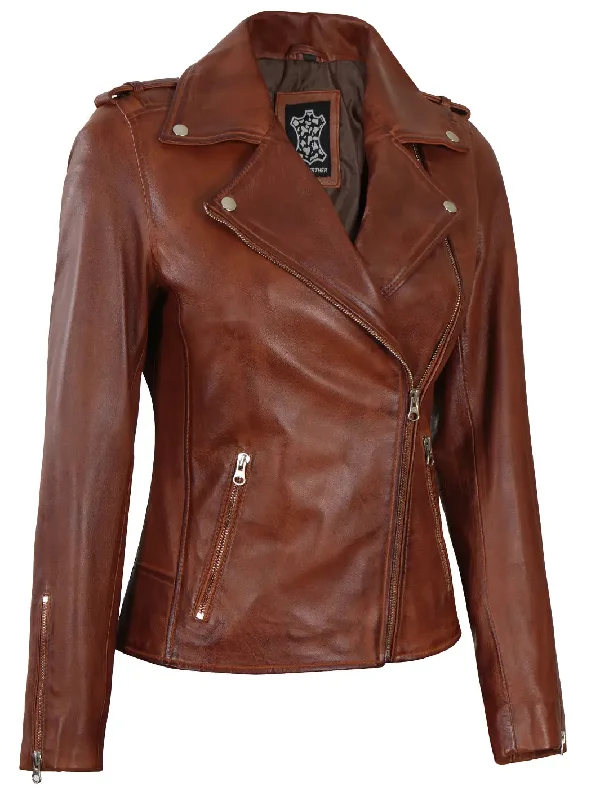 Kristan Women Asymmetrical Cognac Motorcycle Leather Jacket