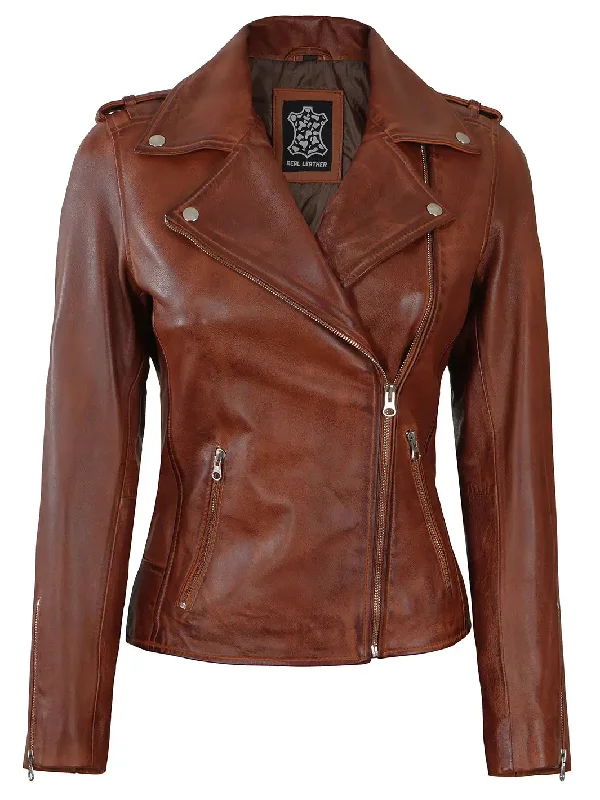 Kristan Women Asymmetrical Cognac Motorcycle Leather Jacket