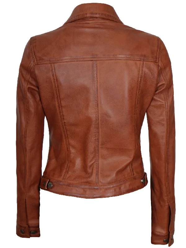 Fernando Women Cognac Brown Leather Trucker Jacket