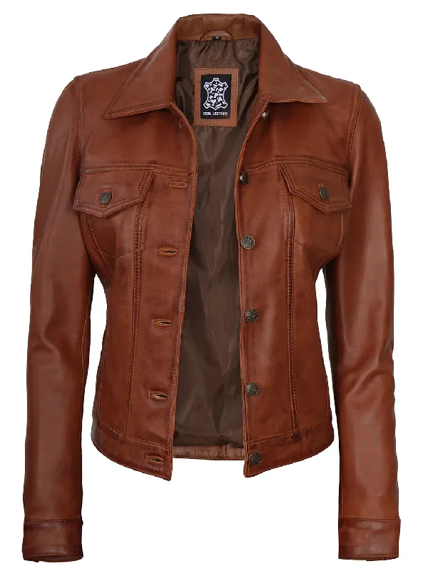 Fernando Women Cognac Brown Leather Trucker Jacket