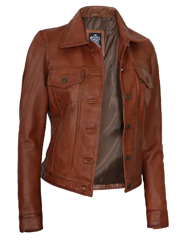 Fernando Women Cognac Brown Leather Trucker Jacket