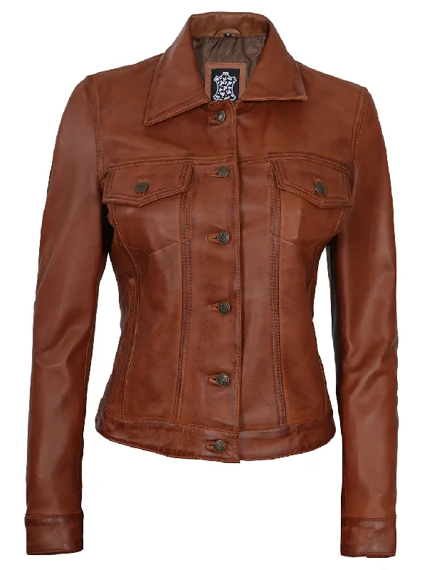 Fernando Women Cognac Brown Leather Trucker Jacket