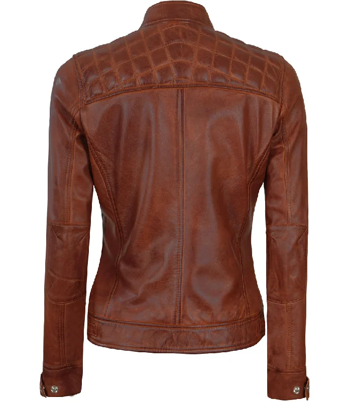 Johnson Women's Cognac Quilted Cafe Racer Leather Jacket