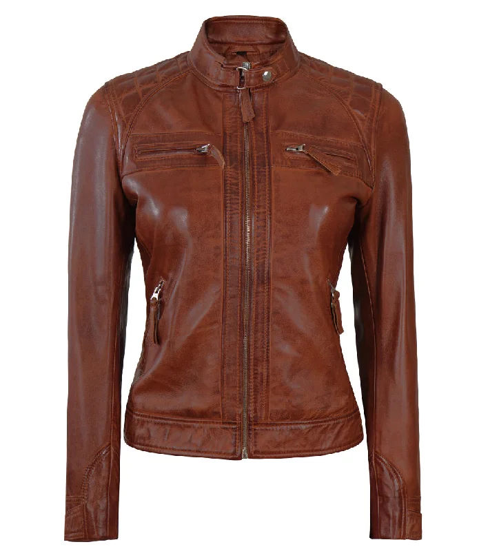 Johnson Women's Cognac Quilted Cafe Racer Leather Jacket