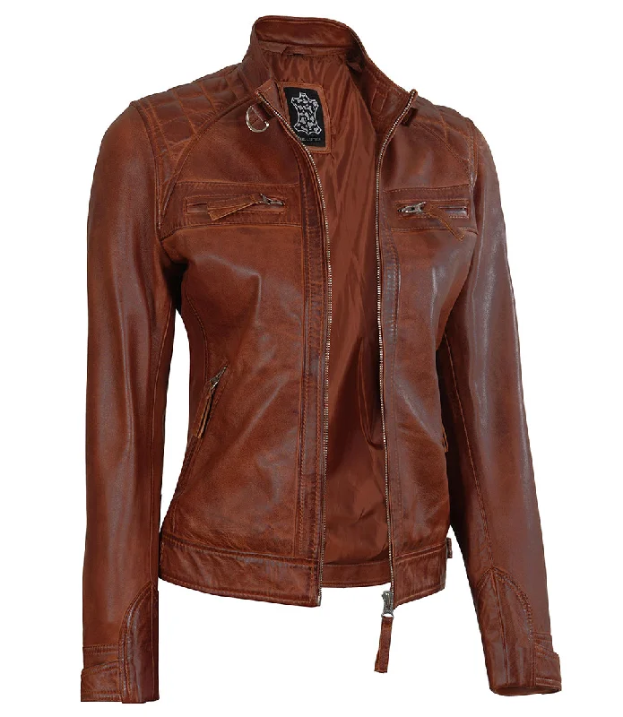 Johnson Women's Cognac Quilted Cafe Racer Leather Jacket