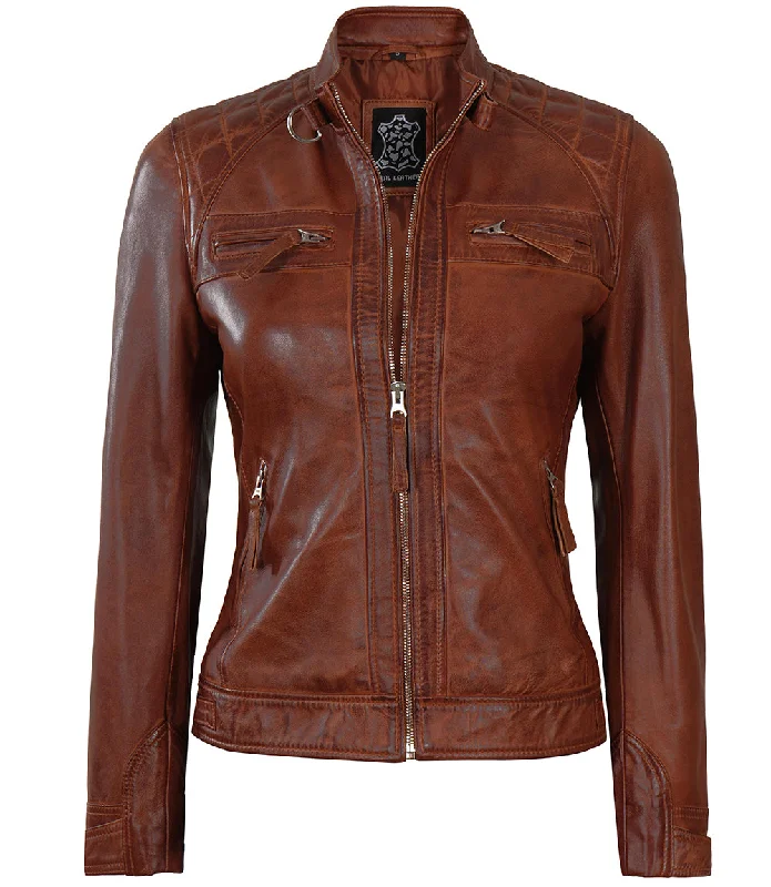 Johnson Women's Cognac Quilted Cafe Racer Leather Jacket