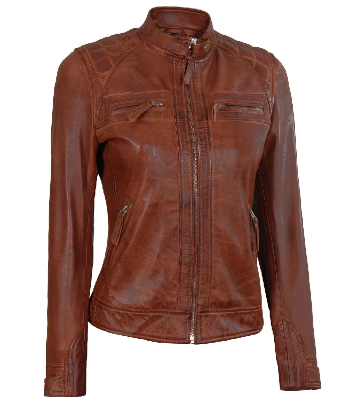 Johnson Women's Cognac Quilted Cafe Racer Leather Jacket