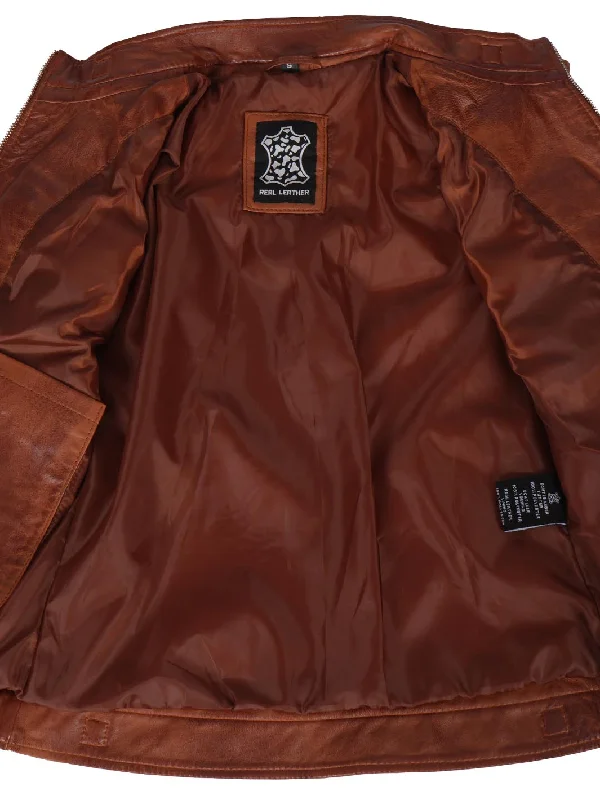 Johnson Women's Cognac Quilted Cafe Racer Leather Jacket