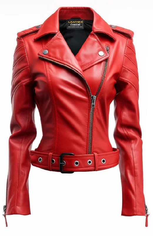 Women Emma Casual Leather Jacket - Red