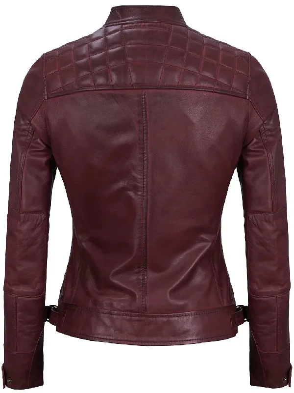 Johnson Women's Maroon Quilted Cafe Racer Leather Jacket