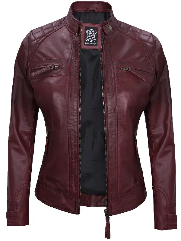 Johnson Women's Maroon Quilted Cafe Racer Leather Jacket