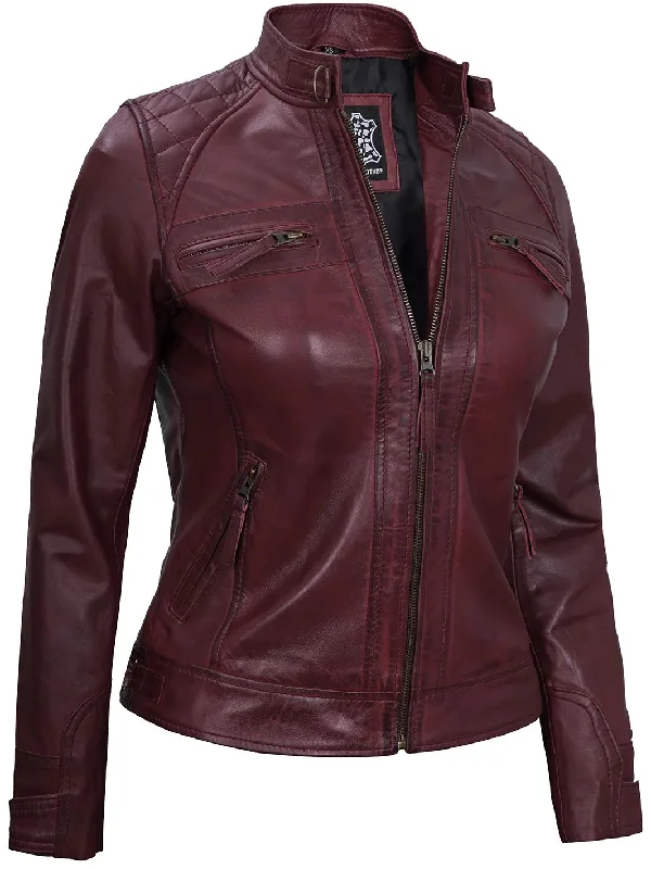 Johnson Women's Maroon Quilted Cafe Racer Leather Jacket