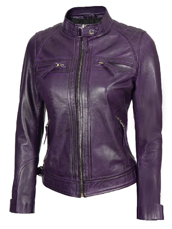 Johnson Womens Purple Quilted Cafe Racer Leather Jacket