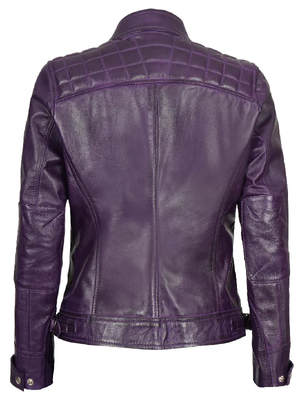 Johnson Womens Purple Quilted Cafe Racer Leather Jacket