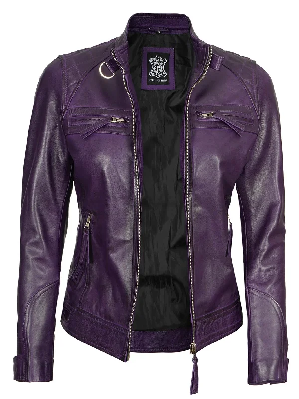 Johnson Womens Purple Quilted Cafe Racer Leather Jacket