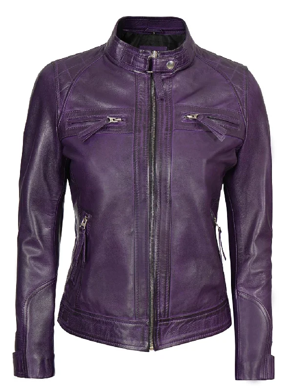 Johnson Womens Purple Quilted Cafe Racer Leather Jacket