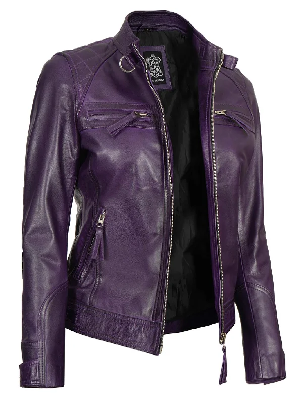 Johnson Womens Purple Quilted Cafe Racer Leather Jacket