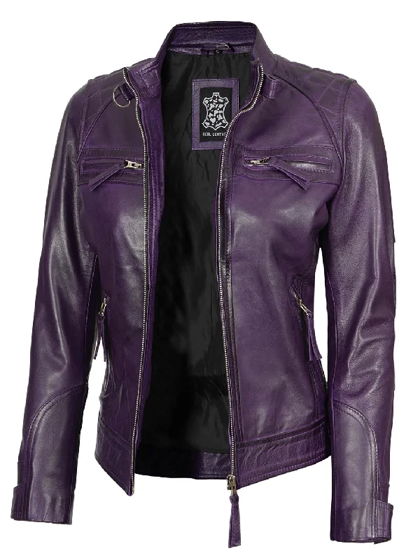 Johnson Womens Purple Quilted Cafe Racer Leather Jacket