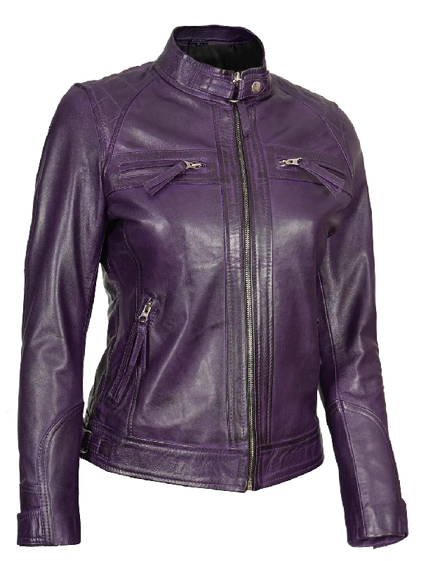 Johnson Womens Purple Quilted Cafe Racer Leather Jacket